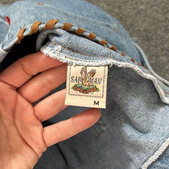 Sap Man Denim Vest Womens Size Medium Leather Trim Lace Detail Southwest Cowgirl - Picture 11 of 13